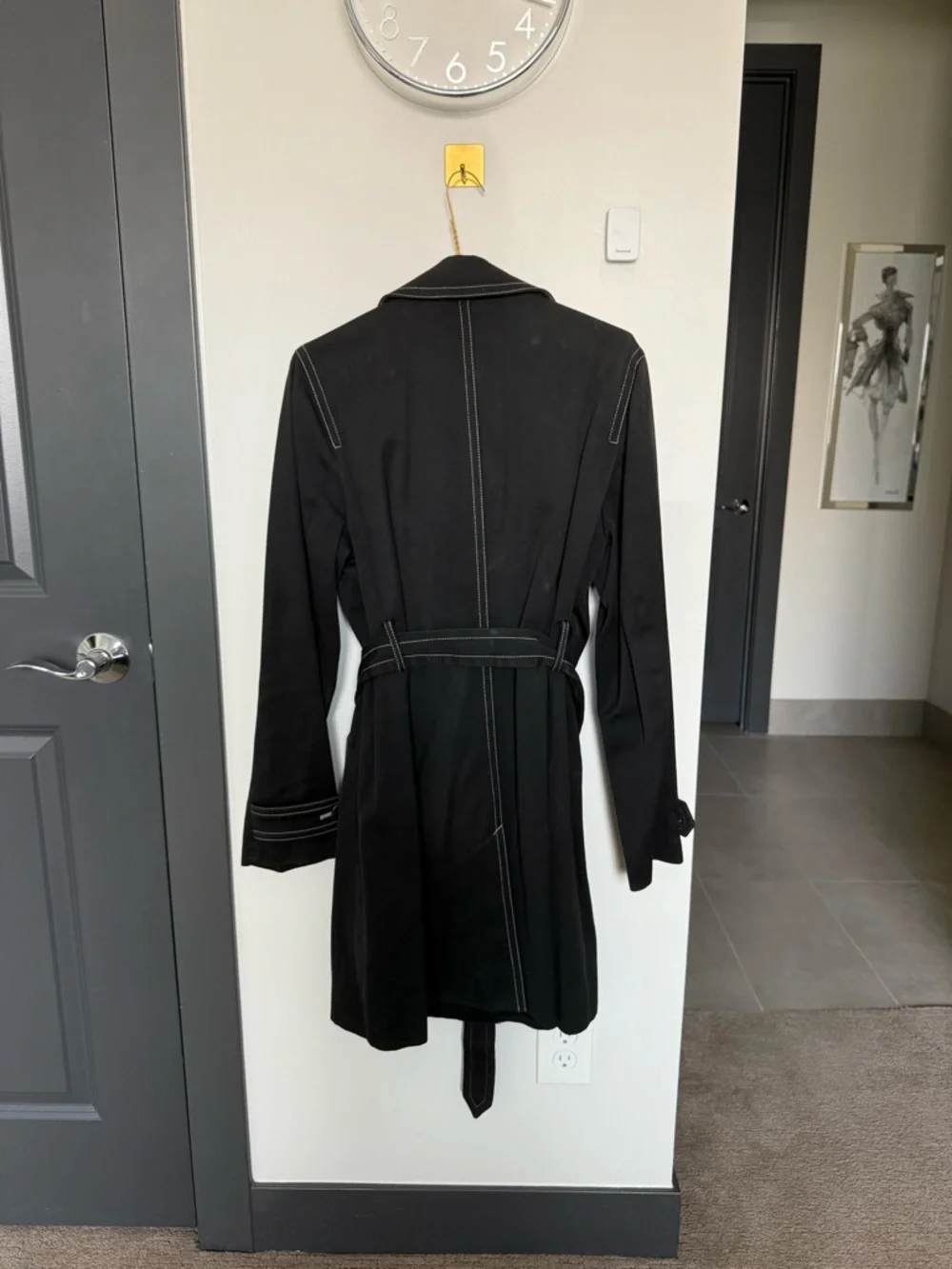 Vintage Banana Republic Black Cotton Trench Coat Contrast Stitch Belted L
